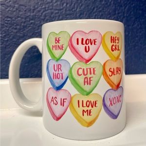 Conversation heart coffee mug.
